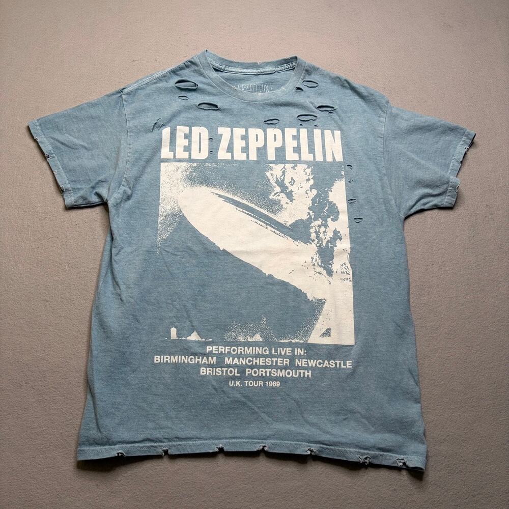Led Zeppelin Distressed Band T Shirt Men’s Medium Large Blue‎ 1969 UK Tour  Tee